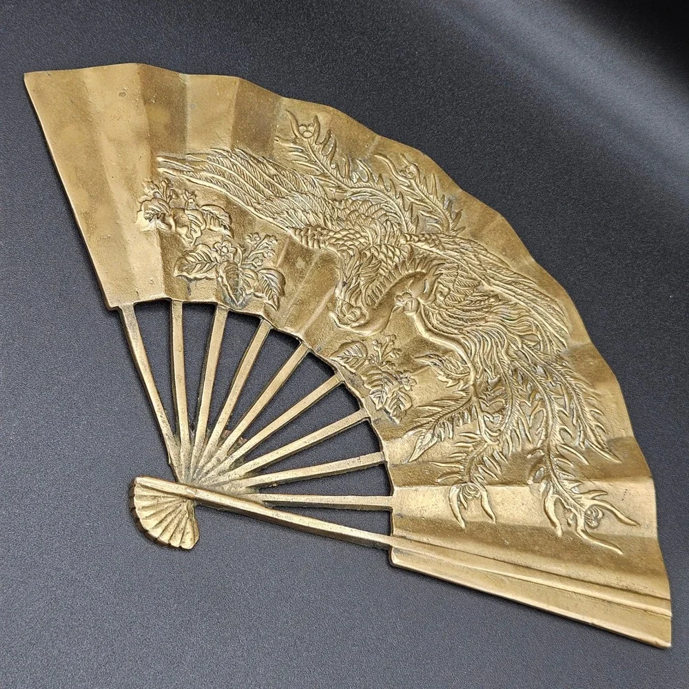 Vintage ENESCO Solid Brass Phoenix Fan Wall Art Set of 2 Taiwan Chinoiserie